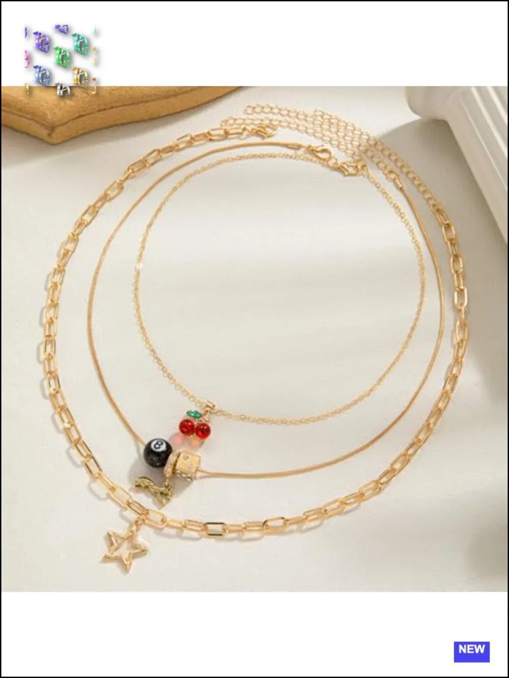 Layered Necklace Set with Cherry 8 Ball Leopard Dice Star Charms